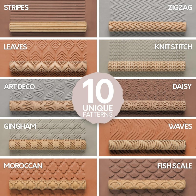 Byllstore Clay Texture Rollers | 10-Pack | 5 in x 0.65 in | Premium Wooden Pottery Tools - Image 3